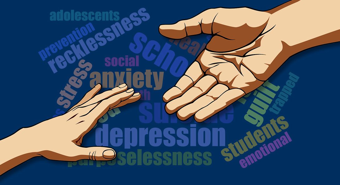 two hands reaching toward each other, with word cloud of mental health related words in the background